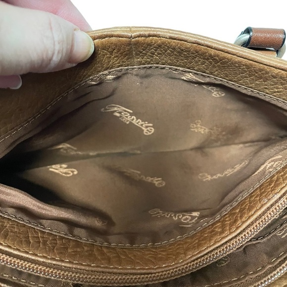 Fossil Tan Pebbled Leather Satchel, Contrast Lacing, 11 inches - Picture 8 of 9